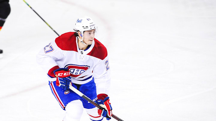 CALGARY, AB – MARCH 11: Alexander Romanov #27 of the Montreal Canadiens in action against the Calgary Flames during an NHL game at Scotiabank Saddledome on March 11, 2021 in Calgary, Alberta, Canada. (Photo by Derek Leung/Getty Images)