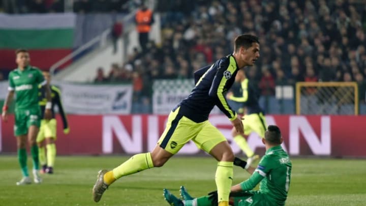 Ludogorets' Swiss midfielder Granit Xhaka celebrates after scoring a goal during the UEFA Champions League Group A football match between PFC Ludogorets and Arsenal, on November 1, 2016 at the Vassil Levski stadium in Sofia. / AFP / DIMITAR DILKOFF (Photo credit should read DIMITAR DILKOFF/AFP/Getty Images)