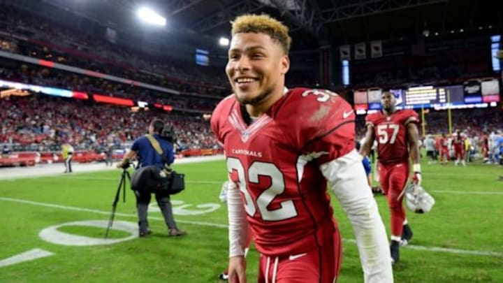 Nov 16, 2014; Glendale, AZ, USA; Arizona Cardinals free safety Tyrann Mathieu (32) leaves the field after the second half at University of Phoenix Stadium. The Cardinals won 14-6. Mandatory Credit: Joe Camporeale-USA TODAY Sports