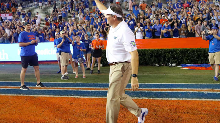 Florida Gators head coach Dan Mullen fist pumps in celebration to the crowd of Gator fans after the football game between the Florida Gators and Tennessee Volunteers, at Ben Hill Griffin Stadium in Gainesville, Fla. Sept. 25, 2021.Flgai 092521 Ufvs Tennesseefb 55