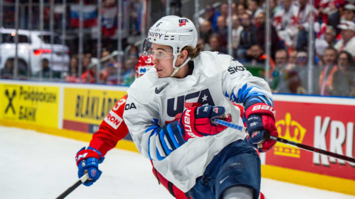 BRATISLAVA, SLOVAKIA - MAY 23: #6 Jack Hughes of United States in action during the 2019 IIHF Ice Hockey World Championship Slovakia quarter final game between Russia and United States at Ondrej Nepela Arena on May 23, 2019 in Bratislava, Slovakia. (Photo by RvS.Media/Monika Majer/Getty Images)