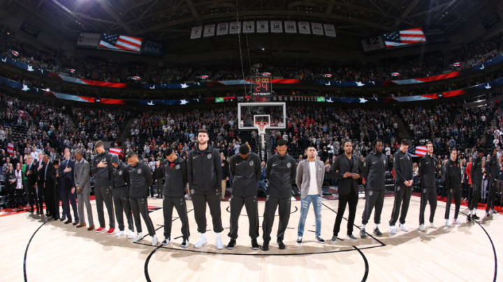 SALT LAKE CITY, UT - FEBRUARY 23: The Portland Trail Blazers stand for the National Anthem before the game against the Utah Jazz on February 23, 2018 at vivint.SmartHome Arena in Salt Lake City, Utah. NOTE TO USER: User expressly acknowledges and agrees that, by downloading and or using this Photograph, User is consenting to the terms and conditions of the Getty Images License Agreement. Mandatory Copyright Notice: Copyright 2018 NBAE (Photo by Melissa Majchrzak/NBAE via Getty Images)