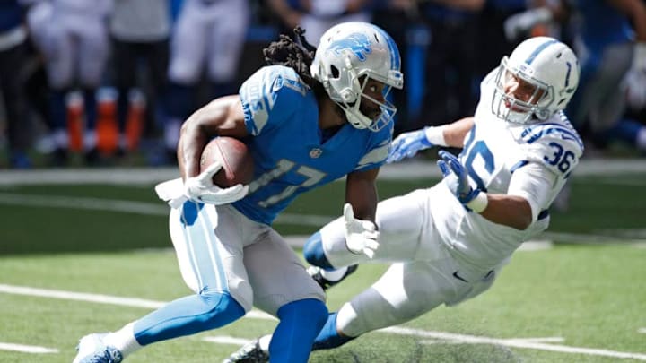 INDIANAPOLIS, IN - AUGUST 13: Keshawn Martin #17 of the Detroit Lions makes a move after a reception against Andrew Williamson #36 of the Indianapolis Colts in the second half of a preseason game at Lucas Oil Stadium on August 13, 2017 in Indianapolis, Indiana. (Photo by Joe Robbins/Getty Images)