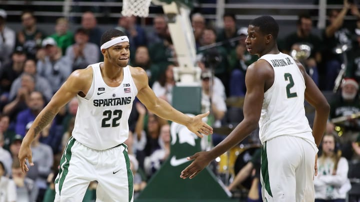 EAST LANSING, MI – DECEMBER 18: Miles Bridges #22 of the Michigan State Spartans celebrates a second half play with Jaren Jackson Jr. #2 while playing the Houston Baptist Huskies at the Jack T. Breslin Student Events Center on December 18, 2017 in East Lansing, Michigan. Michigan State won the game 107-62. (Photo by Gregory Shamus/Getty Images)