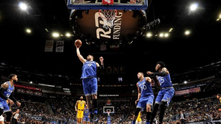 ORLANDO, FL - NOVEMBER 17: Nikola Vucevic #9 of the Orlando Magic shoots the ball against the Los Angeles Lakers on November 17, 2018 at Amway Center in Orlando, Florida. NOTE TO USER: User expressly acknowledges and agrees that, by downloading and or using this photograph, User is consenting to the terms and conditions of the Getty Images License Agreement. Mandatory Copyright Notice: Copyright 2018 NBAE (Photo by Fernando Medina/NBAE via Getty Images)