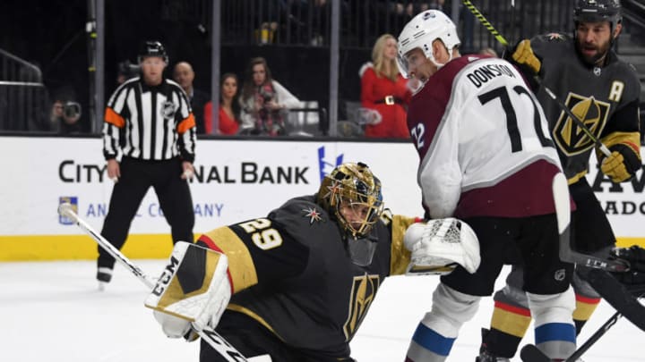 LAS VEGAS, NEVADA - DECEMBER 23: Marc-Andre Fleury #29 of the Vegas Golden Knights makes a save in front of Joonas Donskoi #72 of the Colorado Avalanche in the third period of their game at T-Mobile Arena on December 23, 2019 in Las Vegas, Nevada. The Avalanche defeated the Golden Knights 7-3. (Photo by Ethan Miller/Getty Images)