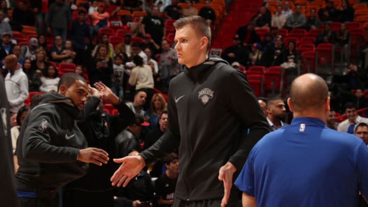 MIAMI, FL - JANUARY 5: Kristaps Porzingis #6 of the New York Knicks makes his entrance before the game against the Miami Heat on January 5, 2018 at American Airlines Arena in Miami, Florida. Copyright 2018 NBAE (Photo by Issac Baldizon/NBAE via Getty Images)