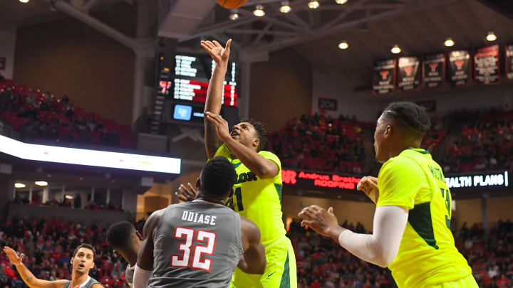 LUBBOCK, TX – DECEMBER 29: Mark Vital #11 of the Baylor Bears shoots the ball over Norense Odiase #32 of the Texas Tech Red Raiders during the game on December 29, 2017 at United Supermarket Arena in Lubbock, Texas. Texas Tech defeated Baylor 77-53. (Photo by John Weast/Getty Images)