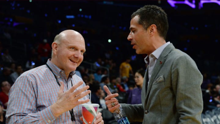 LOS ANGELES, CA - MARCH 21: Rob Pelinka (R), general manager of the Los Angeles Lakers, speaks with owner of the Los Angeles Clippers Steve Ballmer before the start of the basketball game between Los Angeles Clippers and Los Angeles Lakers at Staples Center March 21, 2017, in Los Angeles, California. NOTE TO USER: User expressly acknowledges and agrees that, by downloading and or using this photograph, User is consenting to the terms and conditions of the Getty Images License Agreement. (Photo by Kevork Djansezian/Getty Images)