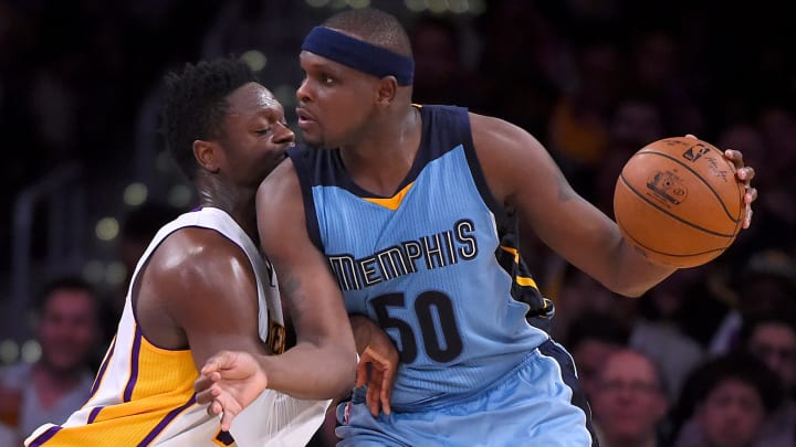 Apr 2, 2017; Los Angeles, CA, USA; Los Angeles Lakers forward Julius Randle (30) guards Memphis Grizzlies forward Zach Randolph (50) in the second half of the game at Staples Center. Lakers won 108-103. Mandatory Credit: Jayne Kamin-Oncea-USA TODAY Sports