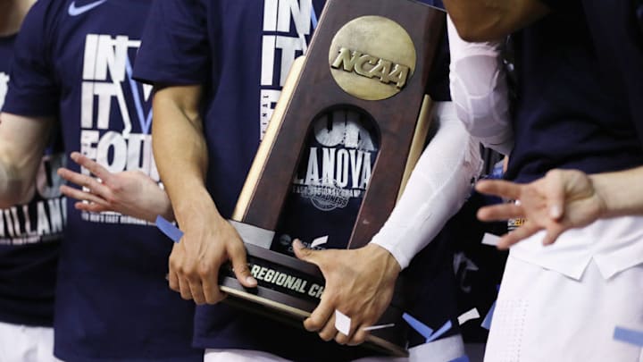 BOSTON, MA - MARCH 25: A detailed view as the Villanova Wildcats celebrate with the East Regional Champion trophy after defeating the Texas Tech Red Raiders 71-59 in the 2018 NCAA Men's Basketball Tournament East Regional to advance to the 2018 Final Four at TD Garden on March 25, 2018 in Boston, Massachusetts. (Photo by Maddie Meyer/Getty Images)