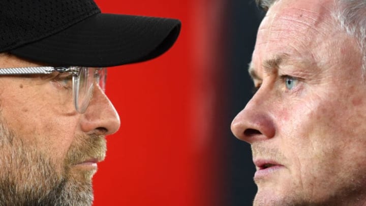 FILE PHOTO (EDITORS NOTE: COMPOSITE OF IMAGES - Image numbers 1140640499,1139964960 - GRADIENT ADDED) In this composite image a comparison has been made between Jurgen Klopp, Manager of Liverpool (L) and Ole Gunnar Solskjaer, Manager of Manchester United. Liverpool and Manchester United meet ina Premier League fixture at Anfield on January 19,2020 in Liverpool. ***LEFT IMAGE*** SOUTHAMPTON, ENGLAND - APRIL 05: Jurgen Klopp, Manager of Liverpool looks on prior to the Premier League match between Southampton FC and Liverpool FC at St Mary's Stadium on April 05, 2019 in Southampton, United Kingdom. (Photo by Mike Hewitt/Getty Images) ***RIGHT IMAGE*** WOLVERHAMPTON, ENGLAND - APRIL 02: Ole Gunnar Solskjaer, Manager of Manchester United looks on prior to the Premier League match between Wolverhampton Wanderers and Manchester United at Molineux on April 02, 2019 in Wolverhampton, United Kingdom. (Photo by Catherine Ivill/Getty Images)