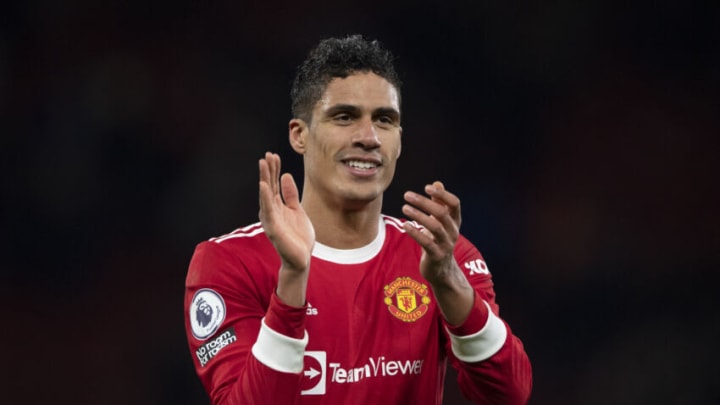 MANCHESTER, ENGLAND - JANUARY 22: Raphaël Varane of Manchester United in action during the Premier League match between Manchester United and West Ham United at Old Trafford on January 22, 2022 in Manchester, England. (Photo by Visionhaus/Getty Images)