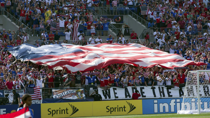 Jul 18, 2015; Baltimore, MD, USA; Fans unfurl a giant US flag before a game between the United States and the Cuba in a CONCACAF Gold Cup quarterfinal match at M&T Bank Stadium. The United States won 6-0. Mandatory Credit: Bill Streicher-USA TODAY Sports