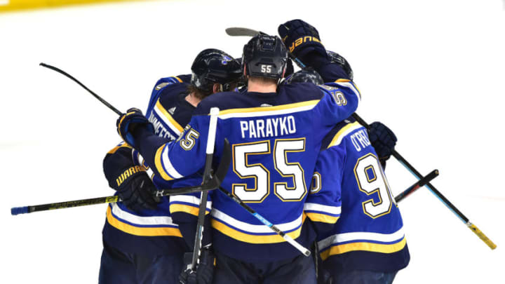 ST. LOUIS, MO - JUN 03: St. Louis Blues players celebrate after an empty-net goal by St. Louis Blues center Brayden Schenn (10) during Game 4 of the Stanley Cup Final between the Boston Bruins and the St. Louis Blues, on June 01, 2019, at Enterprise Center, St. Louis, Mo. (Photo by Keith Gillett/Icon Sportswire via Getty Images)