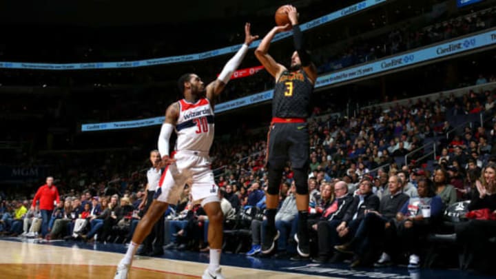 WASHINGTON, DC – NOVEMBER 11: Marco Belinelli #3 of the Atlanta Hawks shoots the ball against the Washington Wizards on November 11, 2017 at Capital One Arena in Washington, DC. NOTE TO USER: User expressly acknowledges and agrees that, by downloading and or using this Photograph, user is consenting to the terms and conditions of the Getty Images License Agreement. Mandatory Copyright Notice: Copyright 2017 NBAE (Photo by Ned Dishman/NBAE via Getty Images)