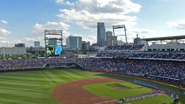 Omaha, NE - JUNE 26: A general view of the stadium during the National Anthem of game one of the College World Series Championship Series between the LSU Tigers and the Florida Gators on June 26, 2017 at TD Ameritrade Park in Omaha, Nebraska. (Photo by Peter Aiken/Getty Images)