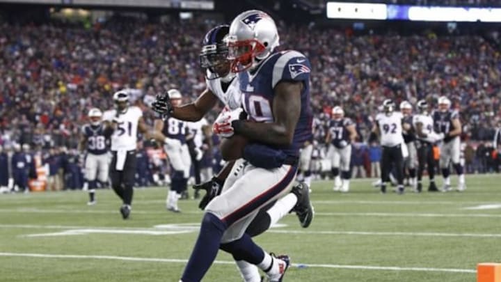 Jan 10, 2015; Foxborough, MA, USA; New England Patriots wide receiver Brandon LaFell (19) catches the ball to score a touchdown in front of Baltimore Ravens defensive back Rashaan Melvin (38) during the fourth quarter in the 2014 AFC Divisional playoff football game at Gillette Stadium. Mandatory Credit: Mark L. Baer-USA TODAY Sports