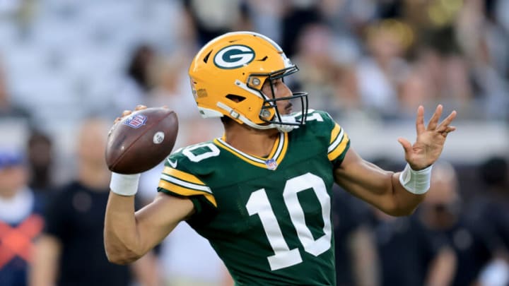 JACKSONVILLE, FLORIDA - SEPTEMBER 12: Jordan Love #10 of the Green Bay Packers attempts a pass during the game against the New Orleans Saints at TIAA Bank Field on September 12, 2021 in Jacksonville, Florida. (Photo by Sam Greenwood/Getty Images)