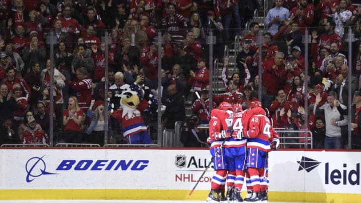 WASHINGTON, DC - JANUARY 08: Jakub Vrana #13 of the Washington Capitals celebrates with his teammates after scoring his second goal of the game in the second period against the Philadelphia Flyers at Capital One Arena on January 8, 2019 in Washington, DC. (Photo by Patrick McDermott/NHLI via Getty Images)