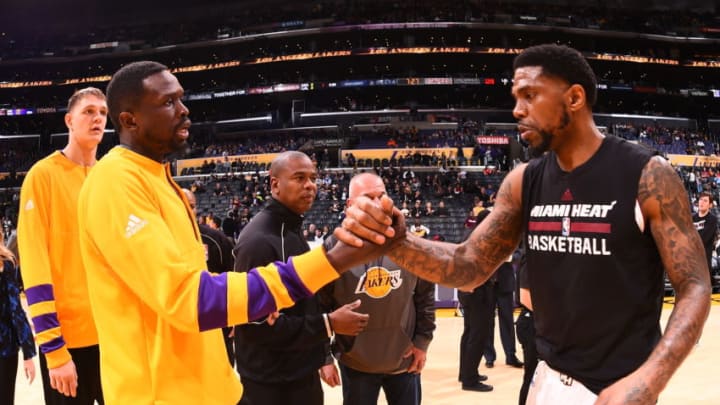 LOS ANGELES, CA - JANUARY 6: Luol Deng #9 of the Los Angeles Lakers greets Udonis Haslem #40 of the Miami Heat on January 6, 2017 at STAPLES Center in Los Angeles, California. NOTE TO USER: User expressly acknowledges and agrees that, by downloading and/or using this Photograph, user is consenting to the terms and conditions of the Getty Images License Agreement. Mandatory Copyright Notice: Copyright 2017 NBAE (Photo by Andrew D. Bernstein/NBAE via Getty Images)