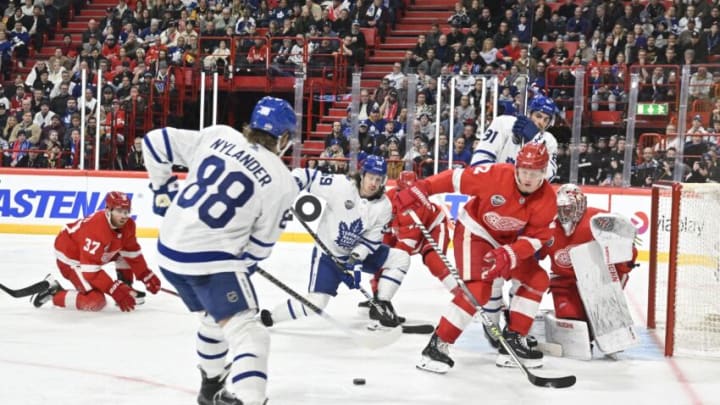 Toronto's William Nylander attempts to score during the NHL Global Series Ice Hockey match between Toronto Maple Leafs and Detroit Red Wings in Stockholm on November 17, 2023. (Photo by Henrik Montgomery/TT / various sources / AFP) / Sweden OUT (Photo by HENRIK MONTGOMERY/TT/TT NEWS AGENCY/AFP via Getty Images)