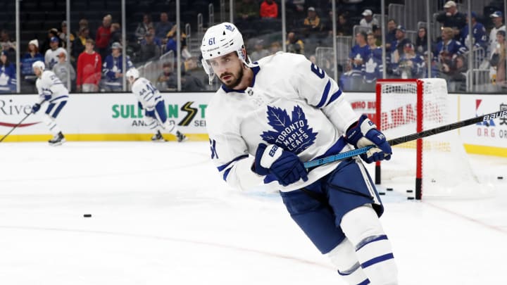 BOSTON, MA – OCTOBER 22: Toronto Maple Leafs winger Nic Petan (61) in warm up before a game between the Boston Bruins and the Toronto Maple Leafs on October 22, 2019, at TD Garden in Boston, Massachusetts. (Photo by Fred Kfoury III/Icon Sportswire via Getty Images)