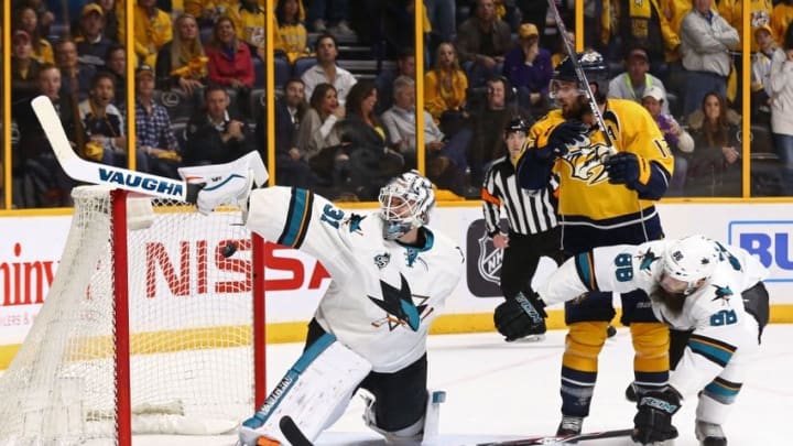 May 5, 2016; Nashville, TN, USA; San Jose Sharks goalie Martin Jones (31) is scored on by Nashville Predators left wing James Neal (not pictured) during the third period in game four of the second round of the 2016 Stanley Cup Playoffs at Bridgestone Arena. Mandatory Credit: Aaron Doster-USA TODAY Sports