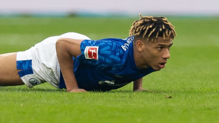 GELSENKIRCHEN, GERMANY - MARCH 07: (BILD ZEITUNG OUT) Jean-Claire Todibo of FC Schalke 04 on the ground during the Bundesliga match between FC Schalke 04 and TSG 1899 Hoffenheim at Veltins-Arena on March 7, 2020 in Gelsenkirchen, Germany. (Photo by Max Maiwald/DeFodi Images via Getty Images)