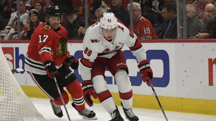 Nov 19, 2019; Chicago, IL, USA; Chicago Blackhawks center Dylan Strome (17) defends Carolina Hurricanes center Martin Necas (88) during the first period at United Center. Mandatory Credit: David Banks-USA TODAY Sports