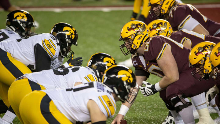 Nov 13, 2020; Minneapolis, Minnesota, USA; A general view of the line of scrimmage between the Iowa Hawkeyes and Minnesota Golden Gophers at TCF Bank Stadium. Mandatory Credit: Jesse Johnson-USA TODAY Sports