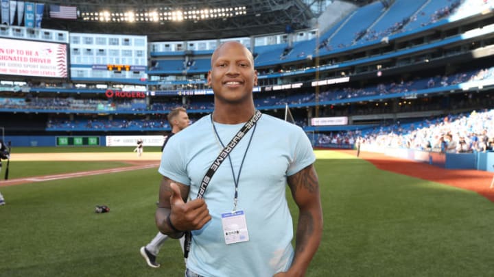 TORONTO, ON - JULY 6: Ryan Shazier of the Pittsburgh Steelers poses during batting practice before the start of MLB game action between the New York Yankees and the Toronto Blue Jays at Rogers Centre on July 6, 2018 in Toronto, Canada. (Photo by Tom Szczerbowski/Getty Images)