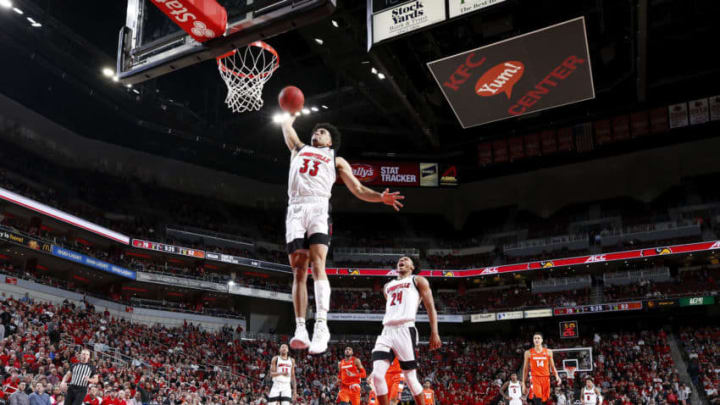 LOUISVILLE, KY - FEBRUARY 19: Jordan Nwora #33 of the Louisville Cardinals goes up for a dunk during a game against the Syracuse Orange at KFC YUM! Center on February 19, 2020 in Louisville, Kentucky. Louisville defeated Syracuse 90-66. (Photo by Joe Robbins/Getty Images)