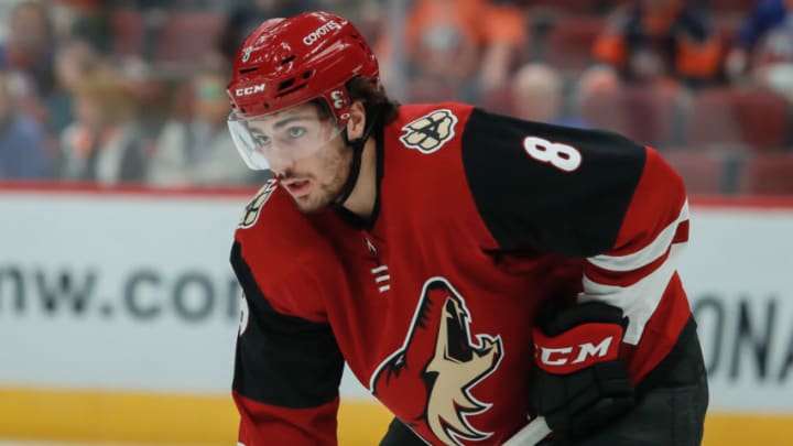 GLENDALE, AZ - DECEMBER 18: Arizona Coyotes center Nick Schmaltz (8) looks on during the NHL hockey game between the New York Islanders and the Arizona Coyotes on December 18, 2018 at Gila River Arena in Glendale, Arizona. (Photo by Kevin Abele/Icon Sportswire via Getty Images)