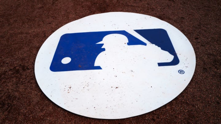 DUNEDIN, FLORIDA - FEBRUARY 27: MLB Logo on the batting mat during the spring training game between the Toronto Blue Jays and the Minnesota Twins at TD Ballpark on February 27, 2020 in Dunedin, Florida. (Photo by Mark Brown/Getty Images)