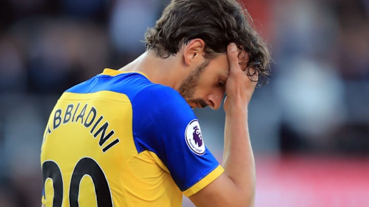 BOURNEMOUTH, ENGLAND - OCTOBER 20: Manolo Gabbiadini of Southampton reacts after a late chance goes over the bar during the Premier League match between AFC Bournemouth and Southampton FC at Vitality Stadium on October 20, 2018 in Bournemouth, United Kingdom. (Photo by Marc Atkins/Getty Images)