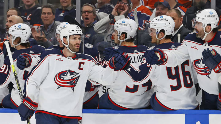 Jan 25, 2023; Edmonton, Alberta, CAN; The Columbus Blue Jacket celebrate a goal scored by forward Boone Jenner (38) during the first period against the Edmonton Oilers at Rogers Place. Mandatory Credit: Perry Nelson-USA TODAY Sports