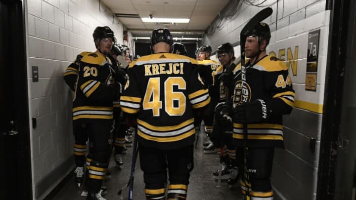 BOSTON, MA - NOVEMBER 23: David Krejci #46 of the Boston Bruins walks to the ice before the game against the Minnesota Wild at the TD Garden on November 23, 2019 in Boston, Massachusetts. (Photo by Brian Babineau/NHLI via Getty Images)