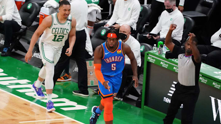 OKC Thunder forward Luguentz Dort (5) reacts after his three point basket against the Boston Celtics : David Butler II-USA TODAY Sports