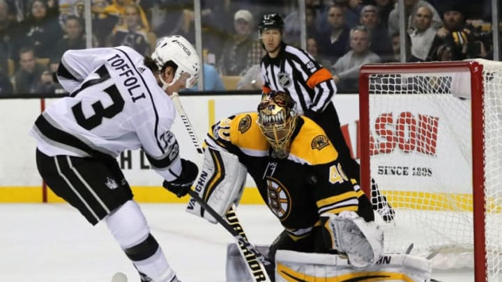 BOSTON, MA - OCTOBER 28: Boston Bruins goalie Tuukka Rask (40) makes a save on Los Angeles Kings right wing Tyler Toffoli (73) during a game between the Boston Bruins and the Los Angeles Kings on October 28, 2016, at TD Garden in Boston, Massachusetts. The Kings defeated the Bruins 2-1 (OT). (Photo by Fred Kfoury III/Icon Sportswire via Getty Images)
