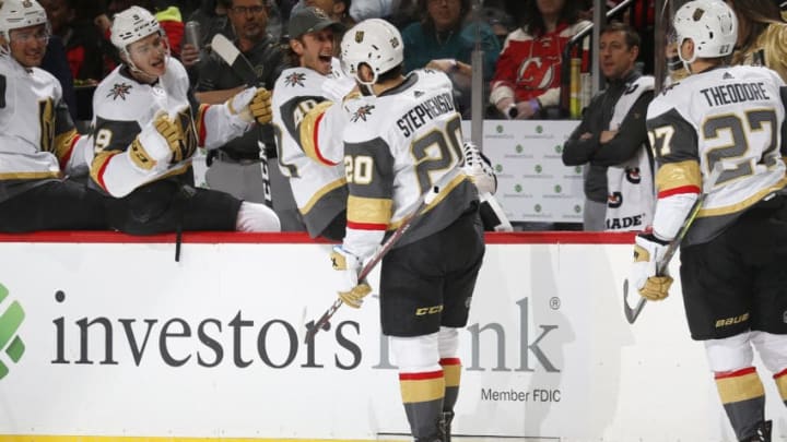 NEWARK, NJ - DECEMBER 3: Chandler Stephenson #20 of the Vegas Golden Knights celebrates scoring his first goal playing for the Vegas Golden Knights in the second period during the game against the New Jersey Devils he Prudential Center on December 3, 2019 in Newark, New Jersey. (Photo by Andy Marlin/NHLI via Getty Images)