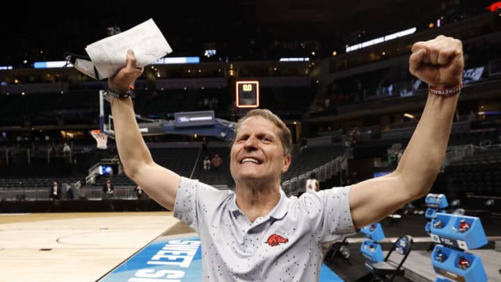 Arkansas Basketball; Head coach Eric Musselman of the Arkansas Razorbacks celebrates after defeating the Oral Roberts Golden Eagles in the Sweet Sixteen round of the 2021 NCAA Men's Basketball Tournament at Bankers Life Fieldhouse on March 27, 2021 in Indianapolis, Indiana. (Photo by Tim Nwachukwu/Getty Images)