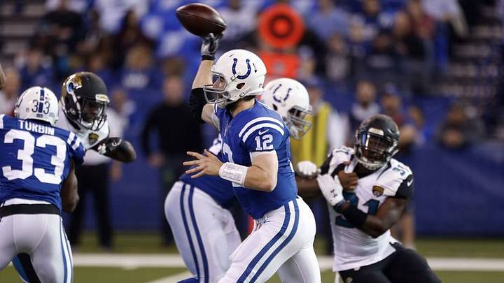 Jan 1, 2017; Indianapolis, IN, USA; Indianapolis Colts quarterback Andrew Luck (12) throws a pass against the Jacksonville Jaguars at Lucas Oil Stadium. Mandatory Credit: Brian Spurlock-USA TODAY Sports