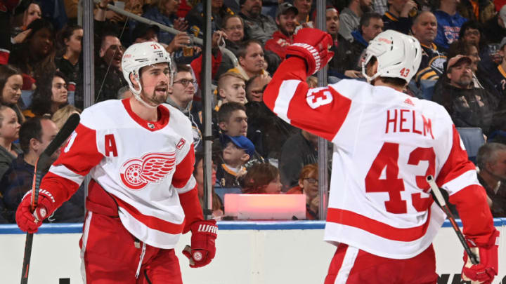 BUFFALO, NY - MARCH 28: Dylan Larkin #71 of the Detroit Red Wings celebrates his second goal of the game against the Buffalo Sabres during an NHL game on March 28, 2019 at KeyBank Center in Buffalo, New York. Detroit won 5-4 in overtime. (Photo by Joe Hrycych/NHLI via Getty Images)