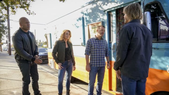 "Groundwork" - Pictured: LL COOL J (Special Agent Sam Hanna), Dina Meyer (CIA Officer Veronica Stephens), Chris O'Donnell (Special Agent G. Callen) and Eric Christian Olsen (LAPD Liaison Marty Deeks). CIA Officer Veronica Stephens (Dina Meyer) asks the NCIS team for help when an agricultural engineer Hetty asked her to bring to the United States disappears, on NCIS: LOS ANGELES, Sunday, Jan. 5 (9:00-10:00 PM, ET/PT) on the CBS Television Network. Photo: Bill Inoshita/CBS ©2019 CBS Broadcasting, Inc. All Rights Reserved.