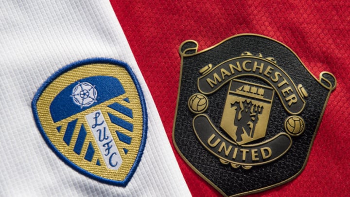 MANCHESTER, ENGLAND - OCTOBER 15: The Leeds United and Manchester United club badges on their home shirts on October 15, 2020 in Manchester, United Kingdom. (Photo by Visionhaus)