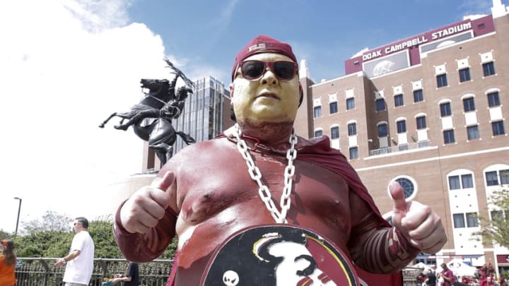 TALLAHASSEE, FL - OCTOBER 7: A fan of the Florida State Seminoles before they host the Miami Hurricanes at Doak Campbell Stadium on Bobby Bowden Field on October 7, 2017 in Tallahassee, Florida. (Photo by Don Juan Moore/Getty Images)