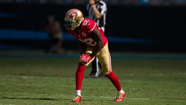 Sep 18, 2016; Charlotte, NC, USA; San Francisco 49ers wide receiver Torrey Smith (82) lines up during the second half against the Carolina Panthers at Bank of America Stadium. The Panthers defeated the 49ers 46-27. Mandatory Credit: Jeremy Brevard-USA TODAY Sports