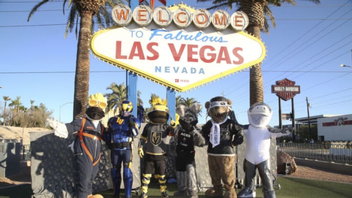 LAS VEGAS, NEVADA - OCTOBER 28: (L-R) Las Vegas Aviators mascots Spruce Goose and Aviator, the Vegas Golden Knights mascot Chance the Golden Gila Monster, Las Vegas Aces mascot BUCKET$, Miles the Miracle Flights Bear and Captain Dorsal Finneas from the Shark Reef Aquarium at the Mandalay Bay Resort and Casino attend the NV COVID Trace Community Activation at the Welcome to Fabulous Las Vegas sign on October 28, 2020 in Las Vegas, Nevada. The Activation was organized by Greg Chase of Experience Strategy Associates and Douglas Johnson of E+ Productions as a state wide PSA around COVID Trace, Nevada's contact tracing app. (Photo by Gabe Ginsberg/Getty Images for Experience Strategy Associates)