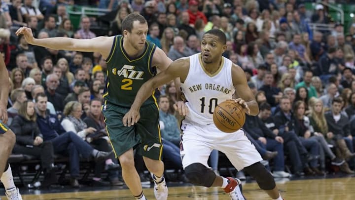 Nov 28, 2015; Salt Lake City, UT, USA; New Orleans Pelicans guard Eric Gordon (10) drives with the ball defended by Utah Jazz forward Joe Ingles (2) in the first half at Vivint Smart Home Arena. Mandatory Credit: Rob Gray-USA TODAY Sports